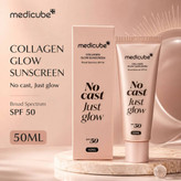 کرم ضد آفتاب کلاژن گلو مدیکیوب با SPF50، 50 میلی لیتر، کرم ضد آفتاب صورت کره ای مخصوص پوست های حساس، بدون ایجاد لک و محافظت در برابر اشعه ماوراء بنفش، مرطوب کننده و درخشان کننده