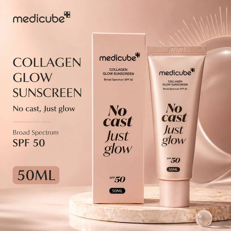 کرم ضد آفتاب کلاژن گلو مدیکیوب با SPF50، 50 میلی لیتر، کرم ضد آفتاب صورت کره ای مخصوص پوست های حساس، بدون ایجاد لک و محافظت در برابر اشعه ماوراء بنفش، مرطوب کننده و درخشان کننده
